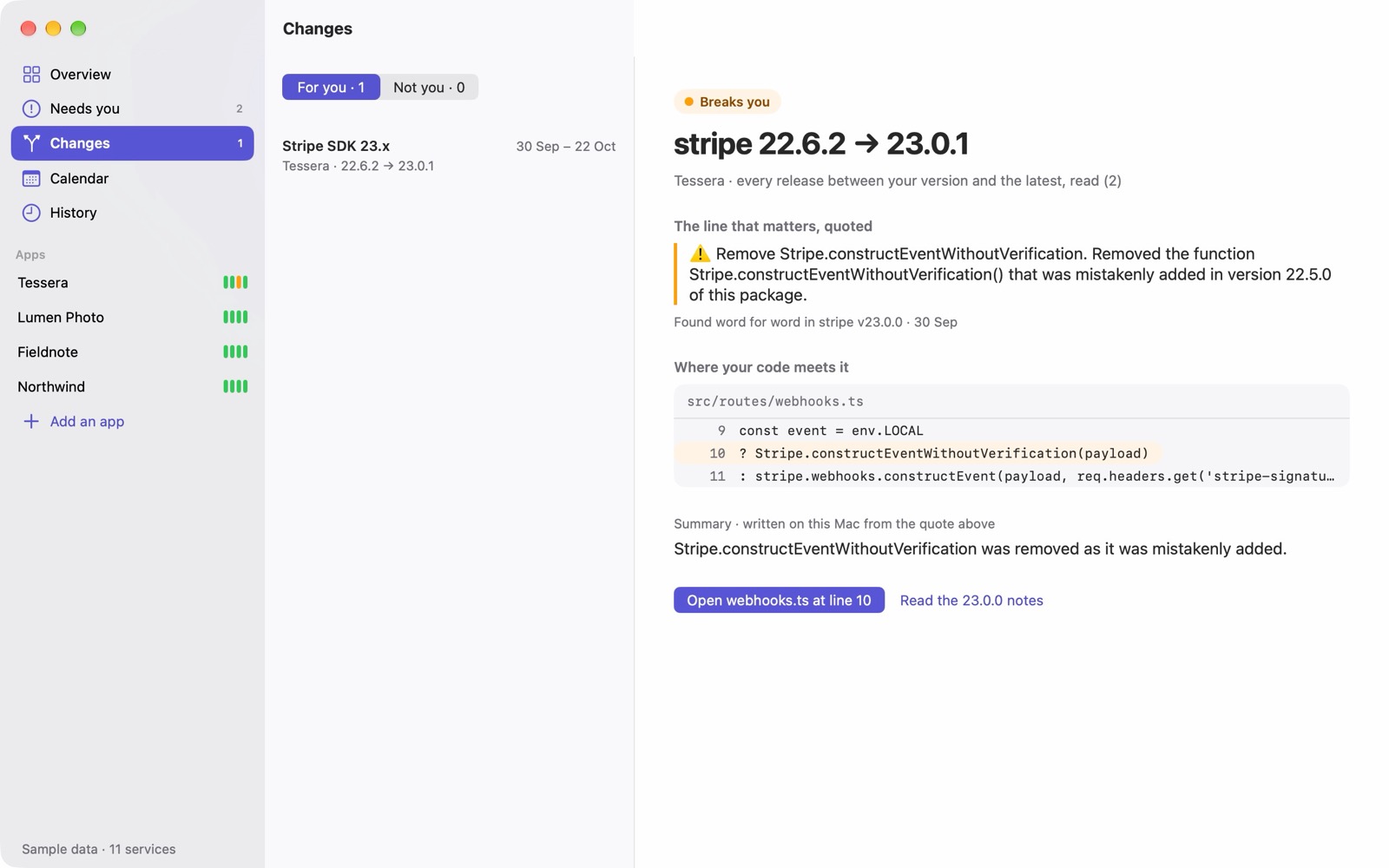 Changes: a release’s breaking line, quoted, and the line in the app’s code it meets